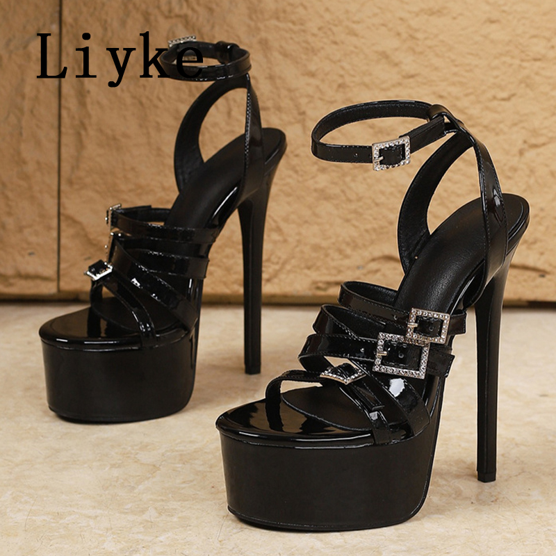 Women Fashion Model - Liyke モデルショースーパーハイヒールスティレット女性プラットフォームサンダルファッションオープントゥクリスタルバックルレディースウェディングストリッパーシューズ