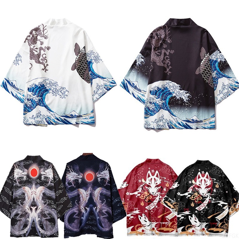 Women'S Fashion Kimono - 中国風原宿羽織プリントケープ着物オープンカラー付き男性と女性用、ルーズウェーブカーペットプリントケープ