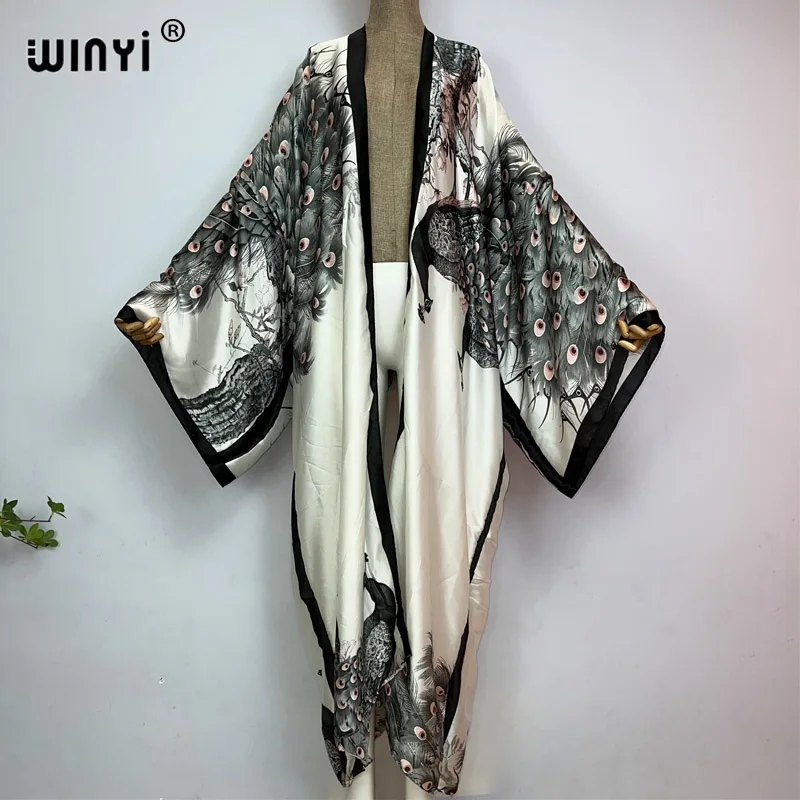 Women'S Fashion Kimono - Winyi-女性のためのクラシックな孔雀のプリント着物、セクシーなカーディガン、自由奔放に生きるマキシドレス、シルクの感触、長袖、アフリカのカーディガン、休日のカフタン、夏