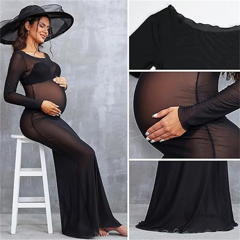 Women Fashion Photoshoot - 2026年新作妊婦服スリムマタニティドレス写真撮影用サマーシースルーハイストレッチネットファッションフォトグラフィードレス