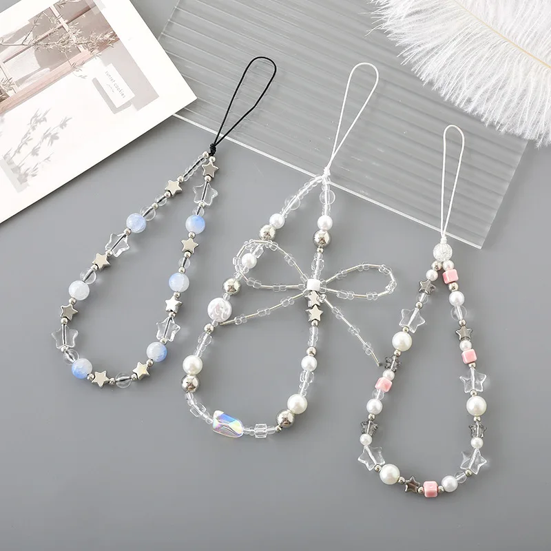 Fashion Women Picture - 甘い五芒星の滑り止め付きスマホケースロープアクセサリー、ファッショナブルなパール、ラブボウ、ビーズ付きスマホチェーン、女性用ジュエリー