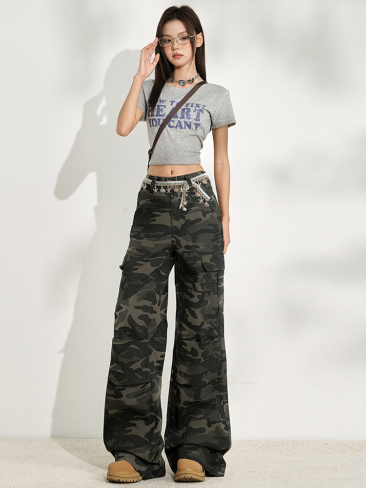 Women'S Fashion Utility Pants - ファッション迷彩柄レディースジーンズワイドレッグハイウエストデニムパンツカモカーゴストリートウェアバギートラウザーズユーティリティポケット付き