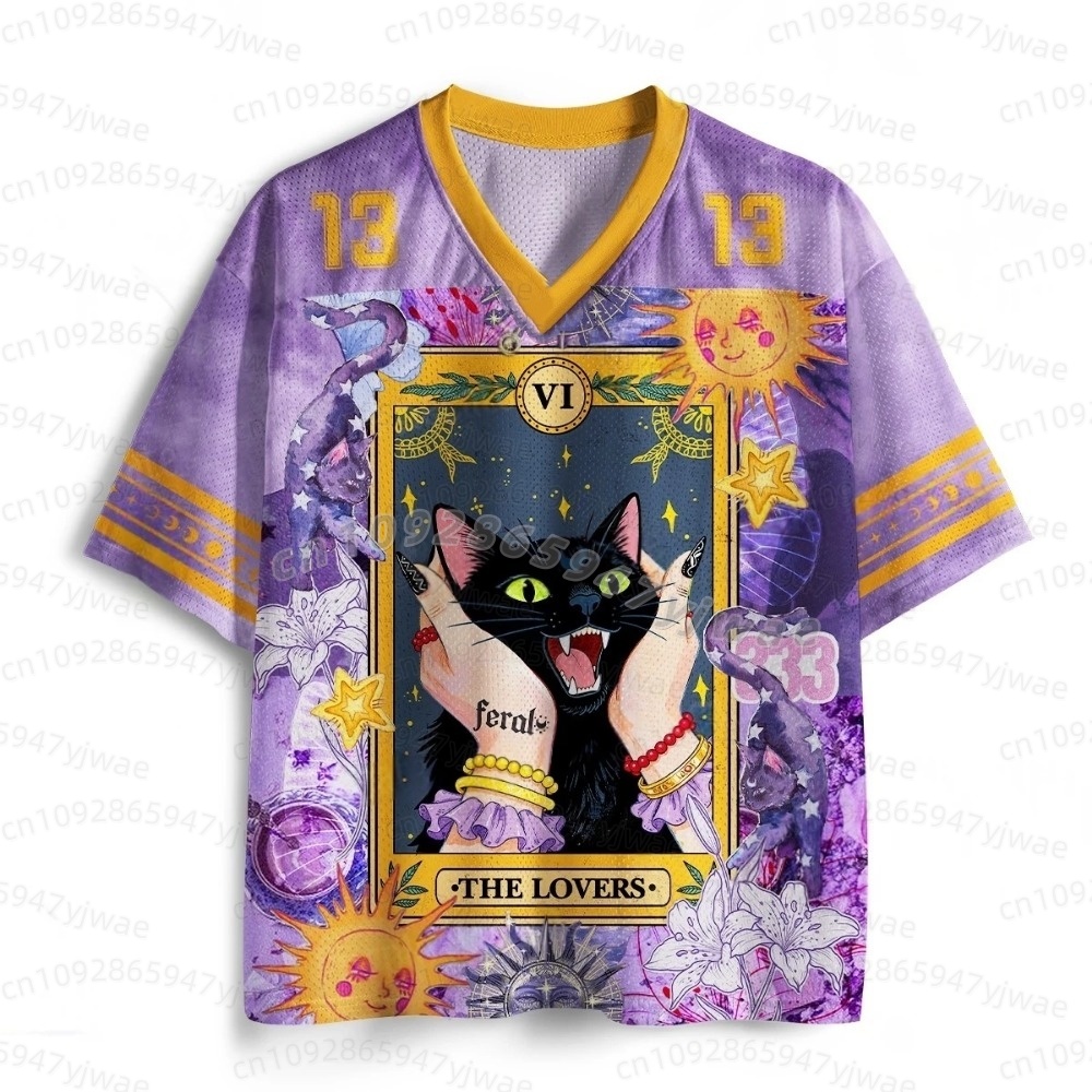 Women Fashion Images - 2026年 日本カップルタロット 黒猫No. 13 ジャージー ミステリアスな太陽と月のプリント