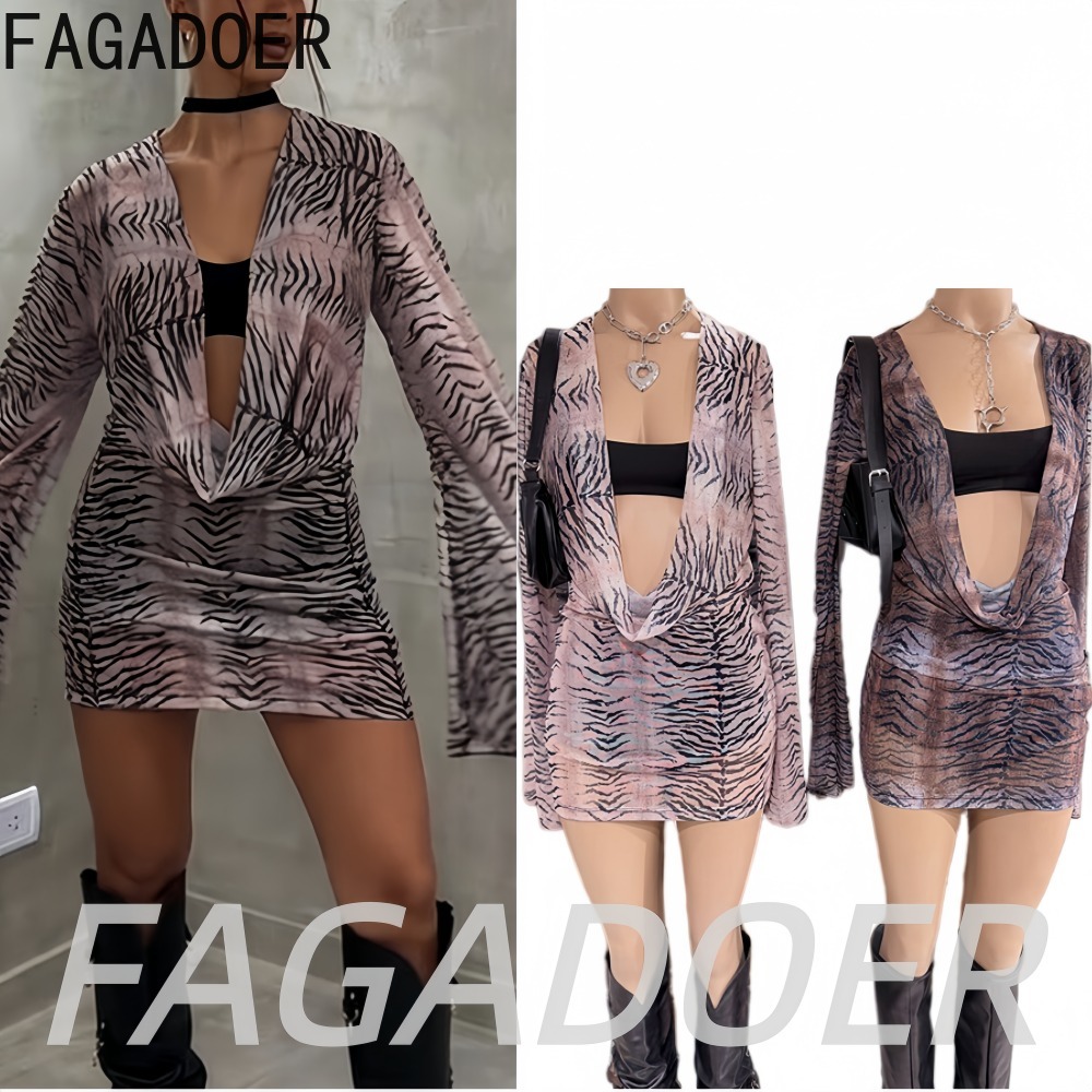 Ruched Dress Mini - FAGADOER Y2K レトロ タイガーストライプ ミニドレス ツーピースセット