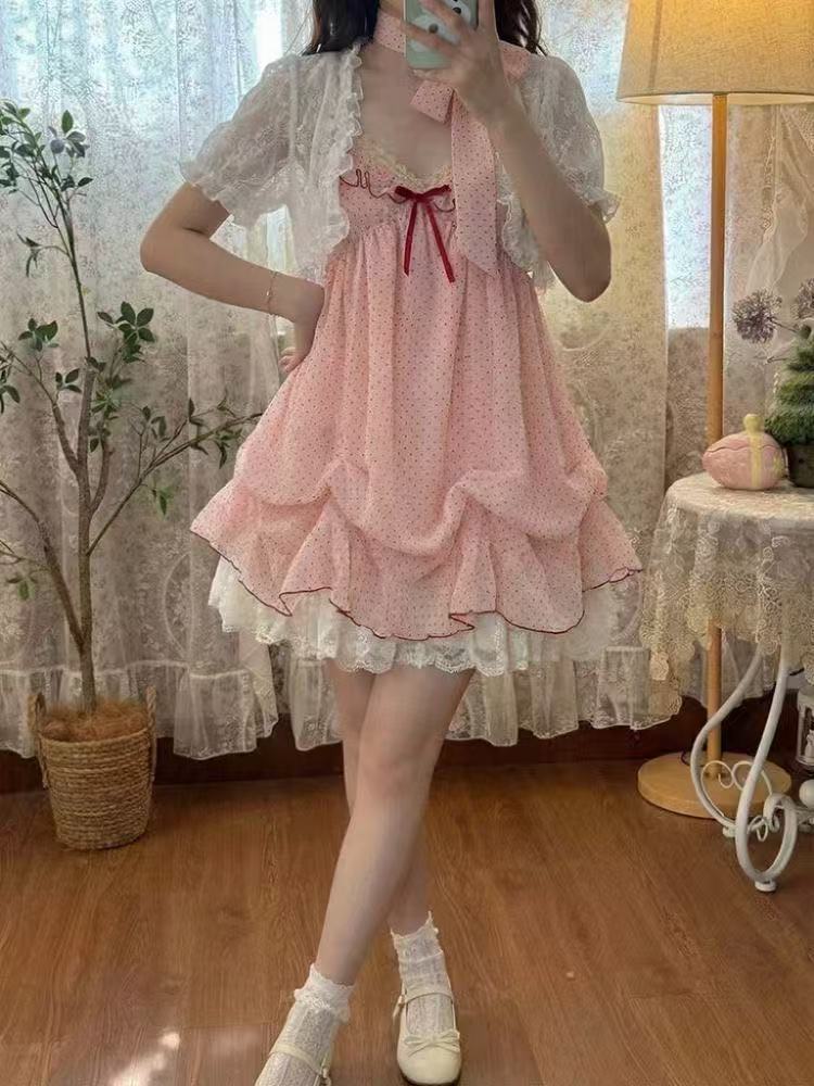 Ruched Dress Mini - 日本のファッション甘くて可愛い2ピースセット レディース ミニレーストップス+水玉模様ワンピース 新作フィットシック可愛いふわふわレトロスーツ 夏2026