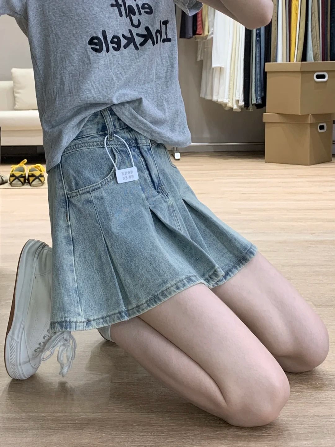 Women Fashion Jeans - レディースハイウエストデニムプリーツスカートヴィンテージウォッシュAラインミニスカートカジュアルファッションショートジーンズスカート