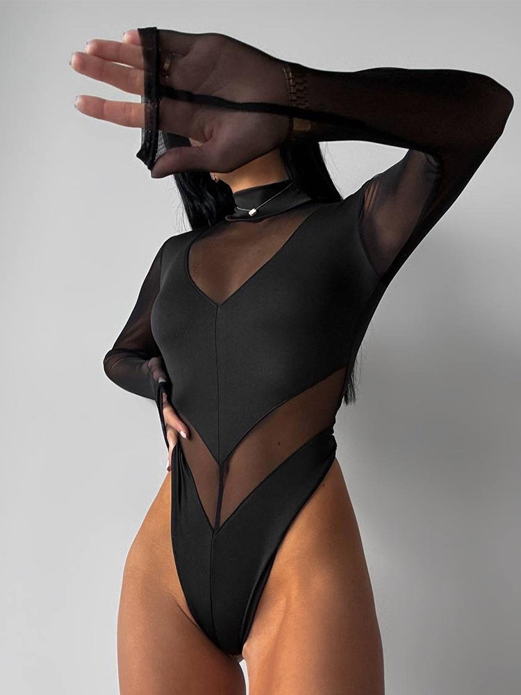Turtleneck Bodysuit - 女性用タートルネックボディスーツ,メッシュパッチワーク,透明なジャンプスーツ,長袖,セクシーなクラブウェア,スリムなストリートウェア,女性のファッション,モノクロ