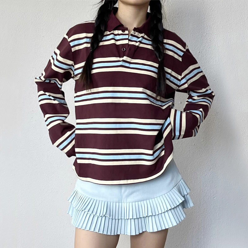 Women'S Fashion Rugby Top - レディース ストライプ リラックス ラグビー ポロシャツ 長袖