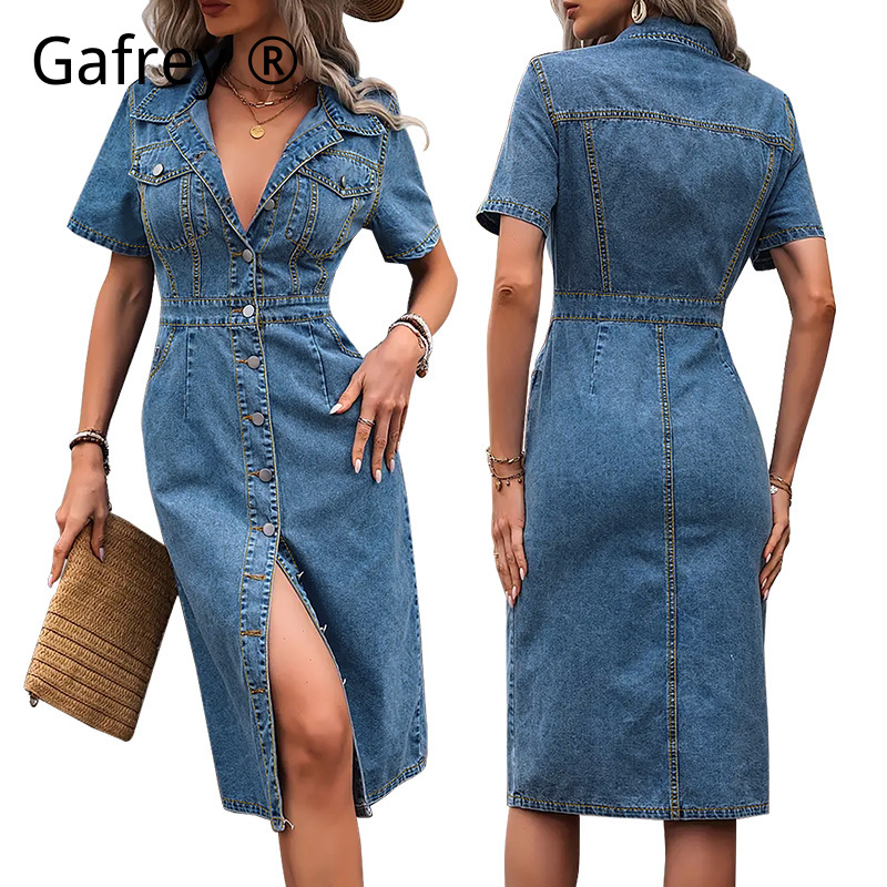 Women Fashion Jeans - プラスサイズの女性用ラペルデニムドレス、夏のスリムファッションジーンズドレス、カジュアルルーズミディドレス、ストリートウェア、柔らかく快適なアウトフィット