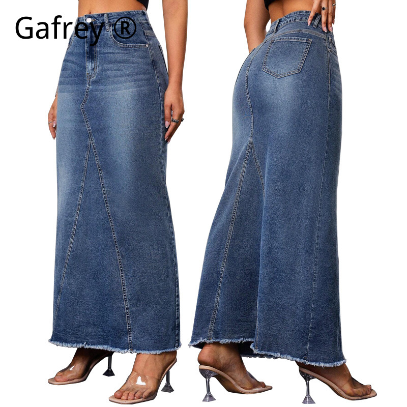 Women Fashion Jeans - レディースデニムミディスカート、ハイウエストフィッシュテール、ボディコン、フリンジヘム、スリムフィット、カジュアル、ヴィンテージ、ストリートウェア、ファッションジーンズスカート