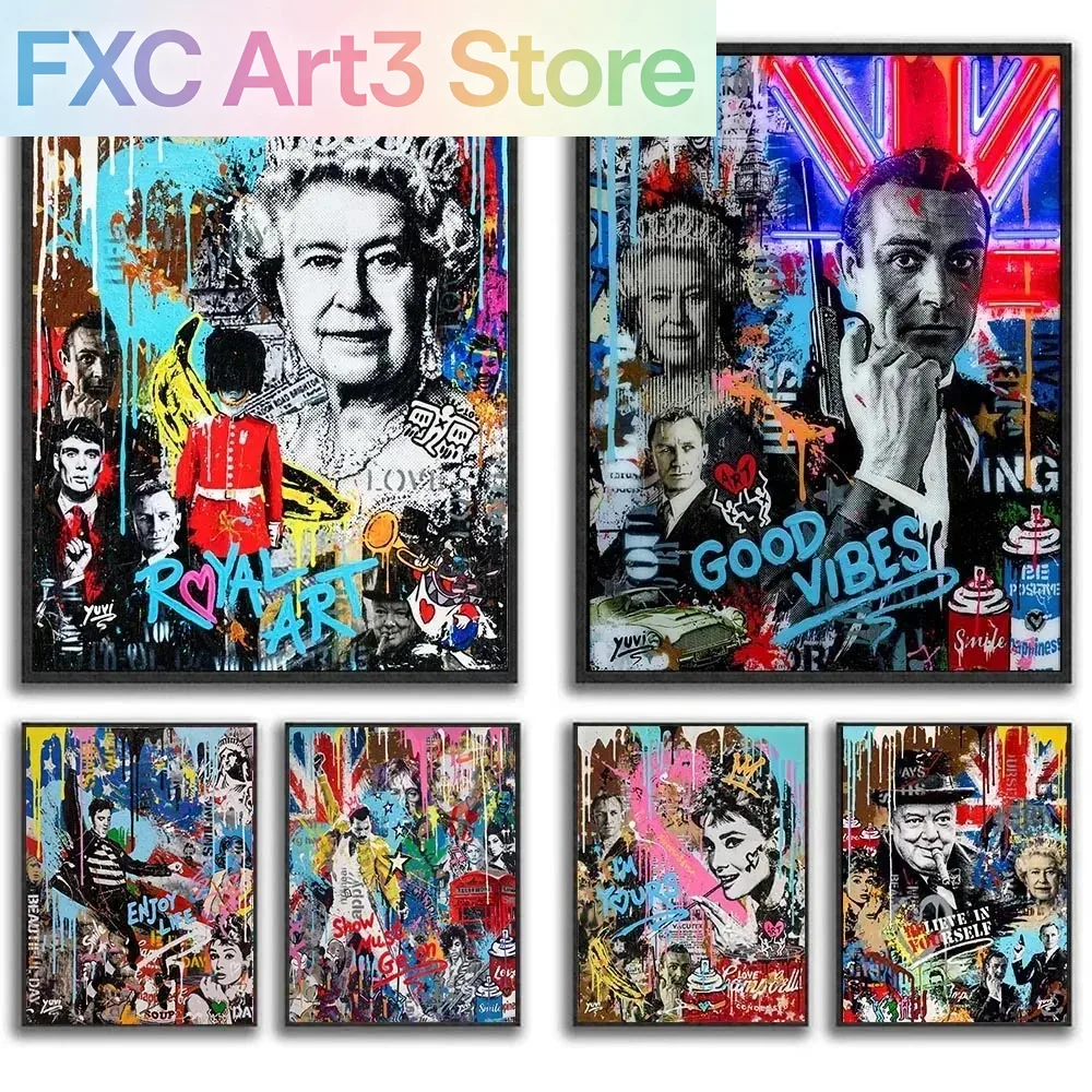 Fashion Women Picture - フレームレス、イングランド女王ポスター、ロイヤルウォールアート、エリザベスキャンバス絵画、ポップグラフィティ、有名なファッション女性プリント、絵画、ホームデコレーション