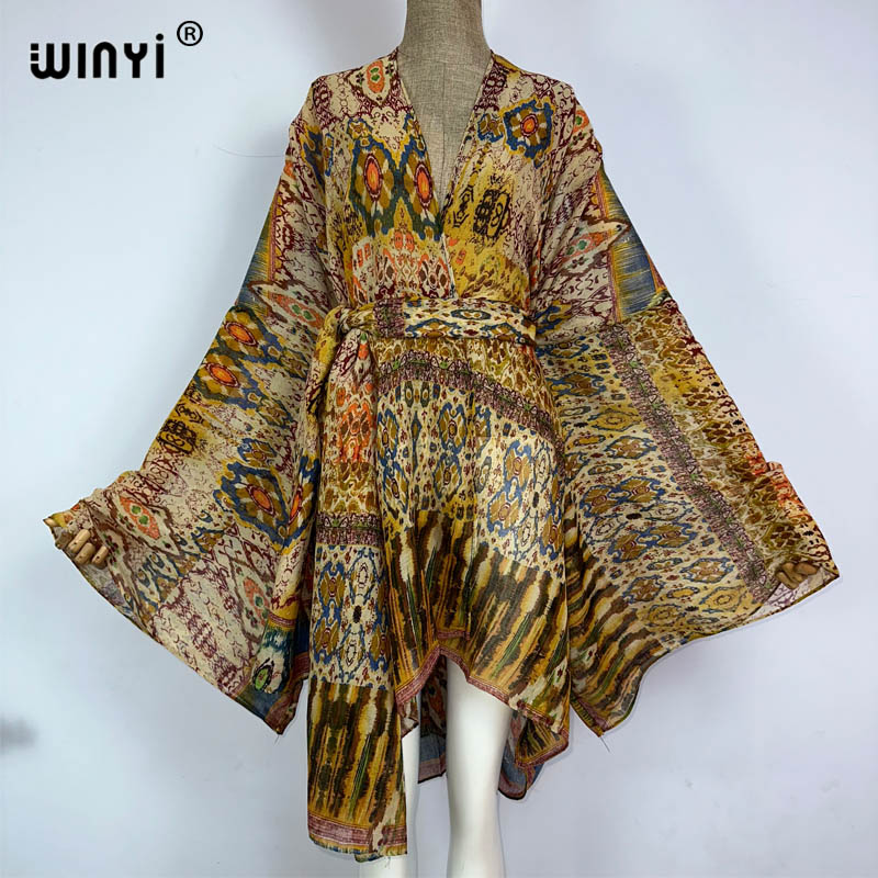 Women'S Fashion Kimono - Winyi着物ベルト付き夏の花柄プリントビーチ衣装カーディガンセクシーな休日マキシビーチウェア水着イブニングドレス