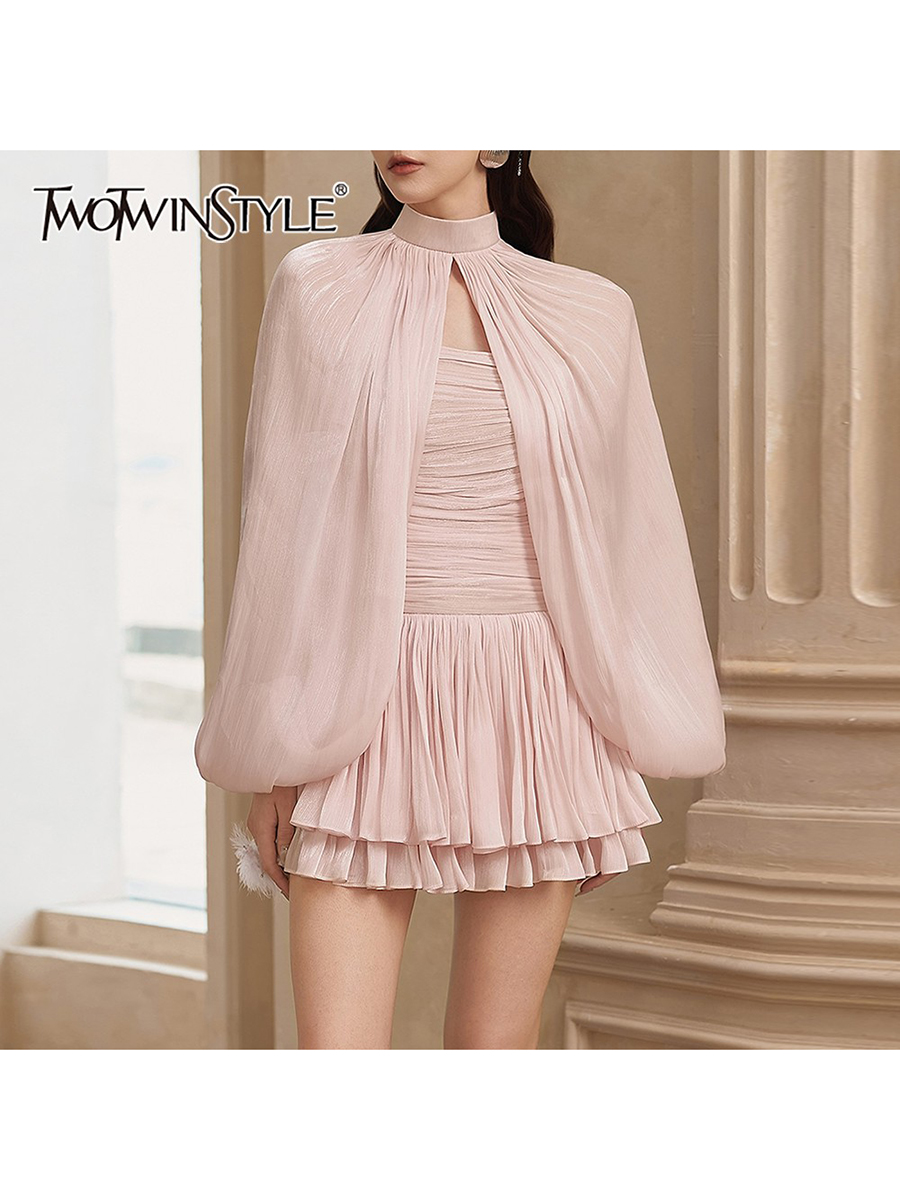 Ruched Dress Mini - TWOTWINSTYLE スイートスプライスシャーリングツーピースセット レディース スタンドネック長袖トップ ストラップレスノースリーブドレスセット 女性用
