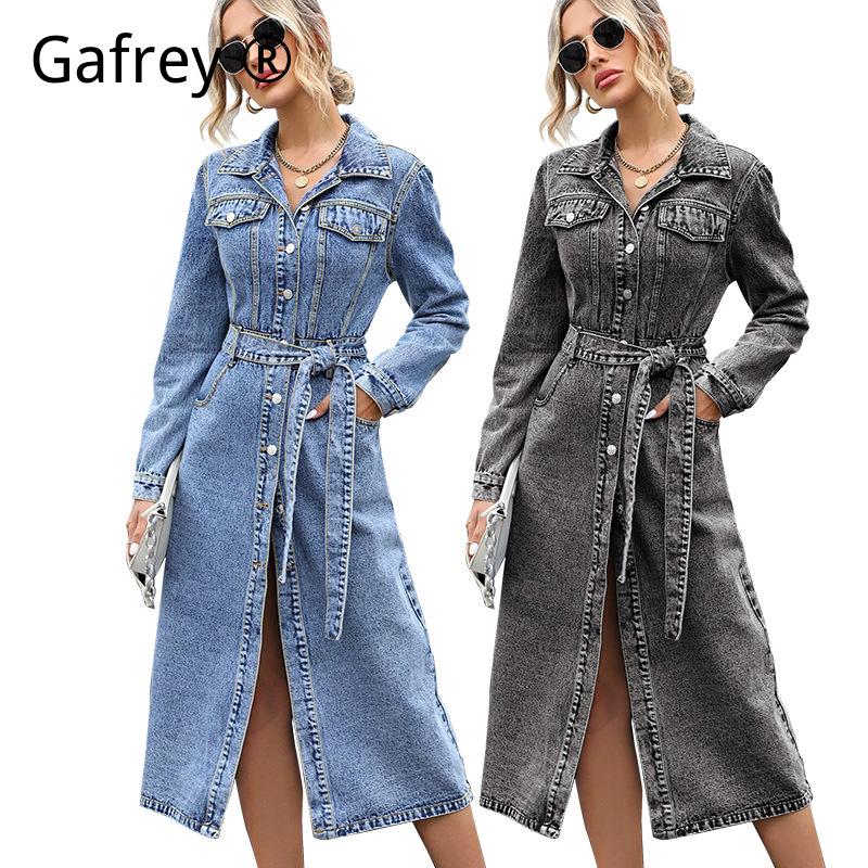 Women Fashion Jeans - 女性長袖デニムドレス秋冬スリムウエスト A ラインジーンズドレスカジュアルボディコンミディドレスファッションストリート衣装