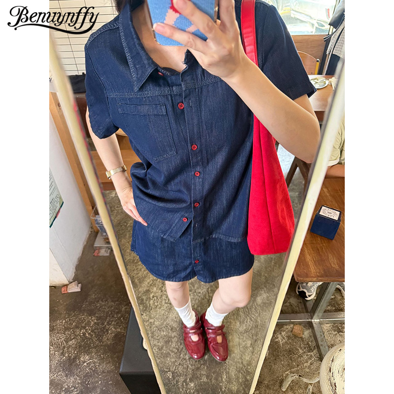 Women Fashion Jeans - Benuynffy レトロ半袖デニムシャツ女性 2026 夏の新ファッション韓国ルーズシングルブレスト女性ジーンズトップス