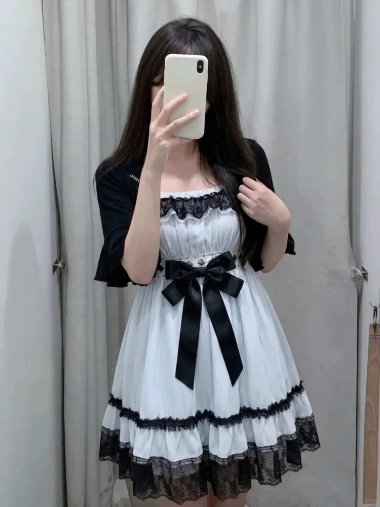 Ruched Dress Mini - ゴシックパンクファッションかわいい2ピースセット女性ロリータリボンデザインブルードレス+黒カーディガン原宿ヴィンテージカジュアル衣装夏
