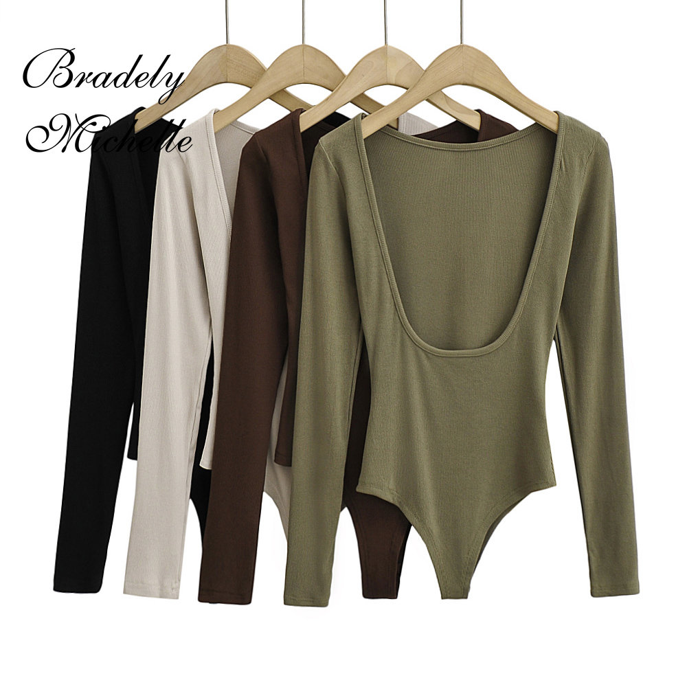 Turtleneck Bodysuit - 女性のセクシーな服長袖ソリッドカラープルオーバーワンラインネックバックレスボディスーツニットジャンプスーツトップ
