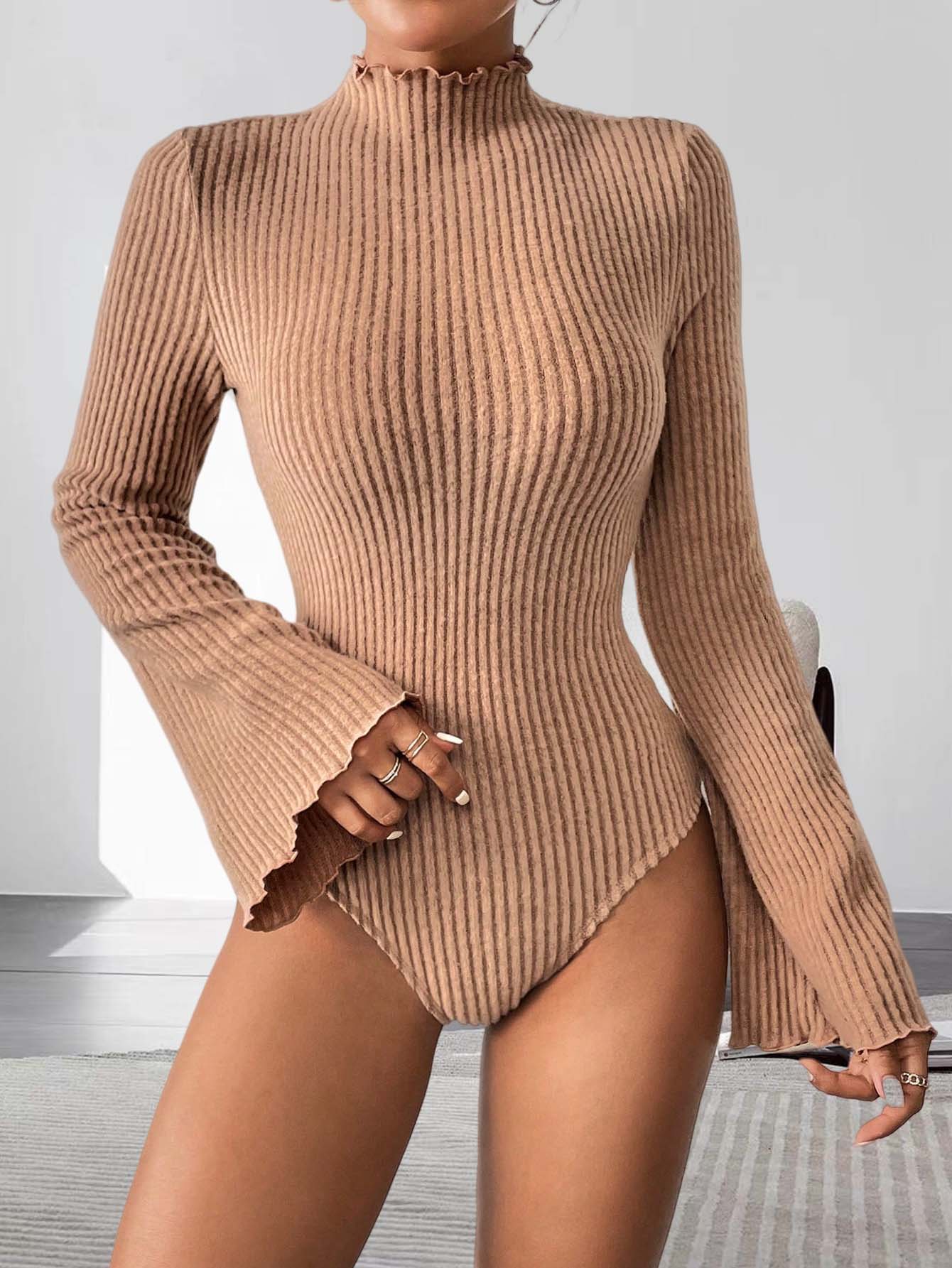 Turtleneck Bodysuit - 女性用カーキリブニットモックネックフレアロングスリーブボディスーツカジュアルスリムフィットワンピーストップス、デイリーウェア、ストリートウェア、秋のスタイルに
