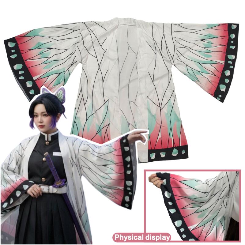 Women'S Fashion Kimono - 夏日本のアニメ胡蝶しのぶコスプレ衣装女性のための蝶プリントビッグスリーブ着物カーディガンヘアクリップ耳クリップ
