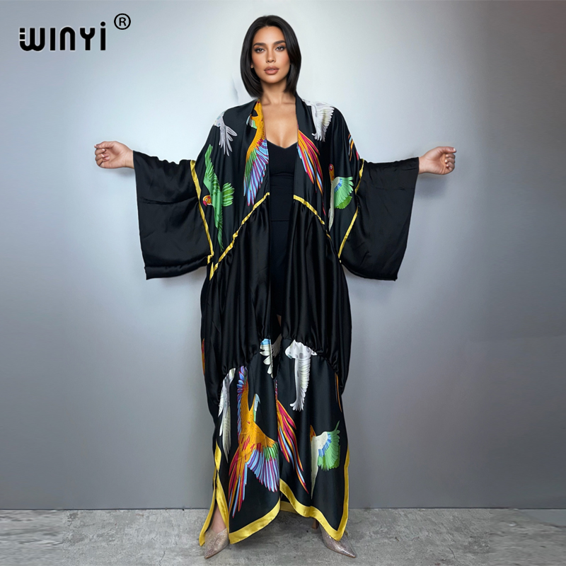 Women'S Fashion Kimono - WINYIプリントボヘミアン着物風マキシビーチウェアカバーアップホリデーパーティードレスアバヤドバイ高級ムスリム女性ファッションオープンフロントカフタン