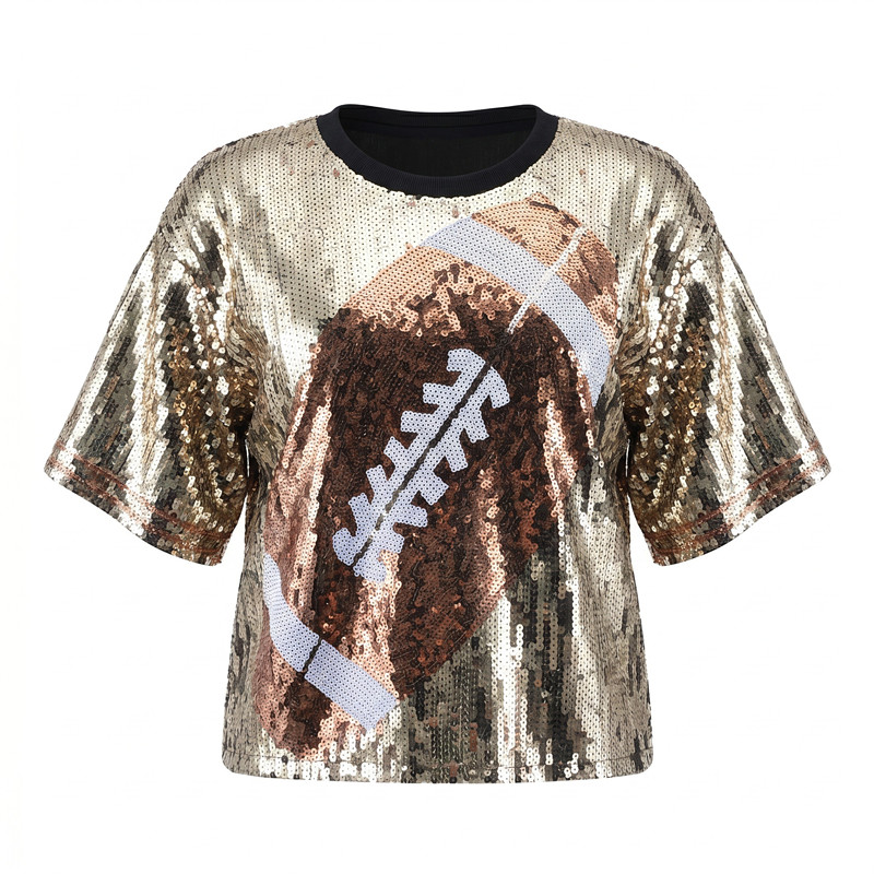 Women'S Fashion Rugby Top - 夏の新ファッションラグビープリントスパンコール女性半袖 Tシャツラウンドネック女性カジュアルショートトップス