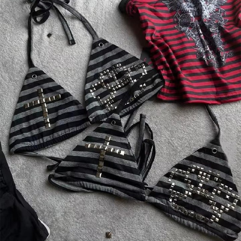 Women'S Y3K Fashion - Y3k アメリカンサマーヴィンテージストライププリントセクシーな原宿ファッション INS クロスラインストーンフェアリーコアハンギングネックビキニ水着トップス