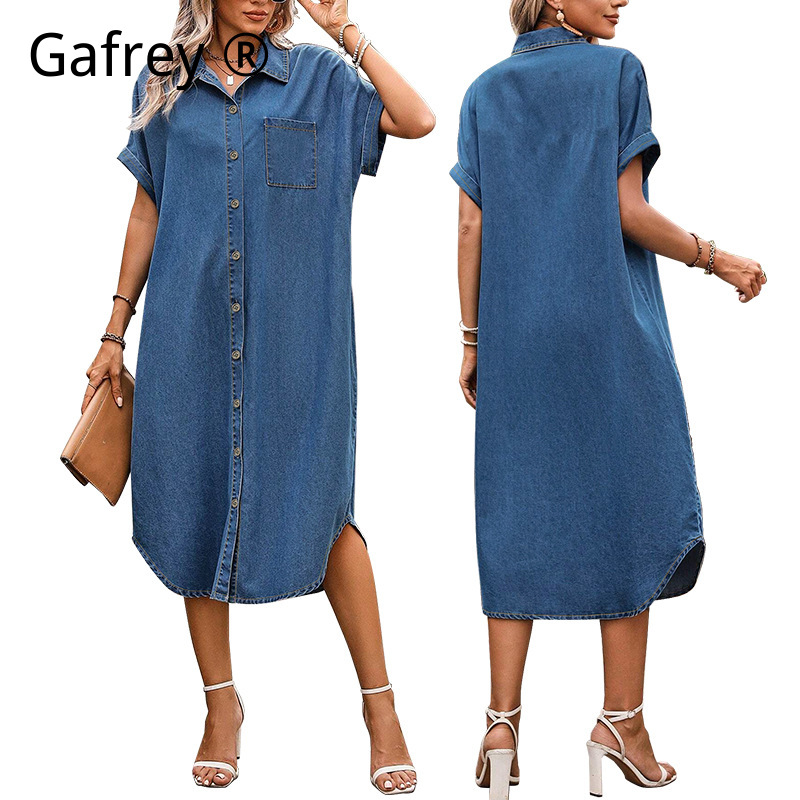 Women Fashion Jeans - レディースプラスサイズ4XL 5XLデニムワンピースボタンフロント半袖ミディ丈ルーズフィットカジュアルジーンズワンピースサマーファッション2026新作