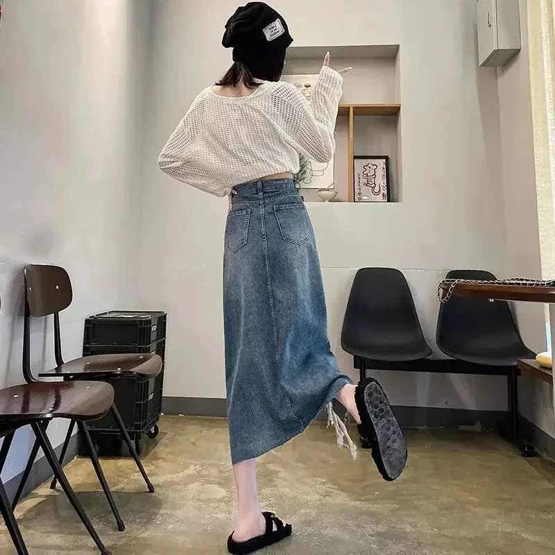 Women Fashion Jeans - レディースデニムスカート ハイウエスト スリット入り ダメージ加工 女性用ジーンズスカート シックでエレガントな高級韓国ファッション