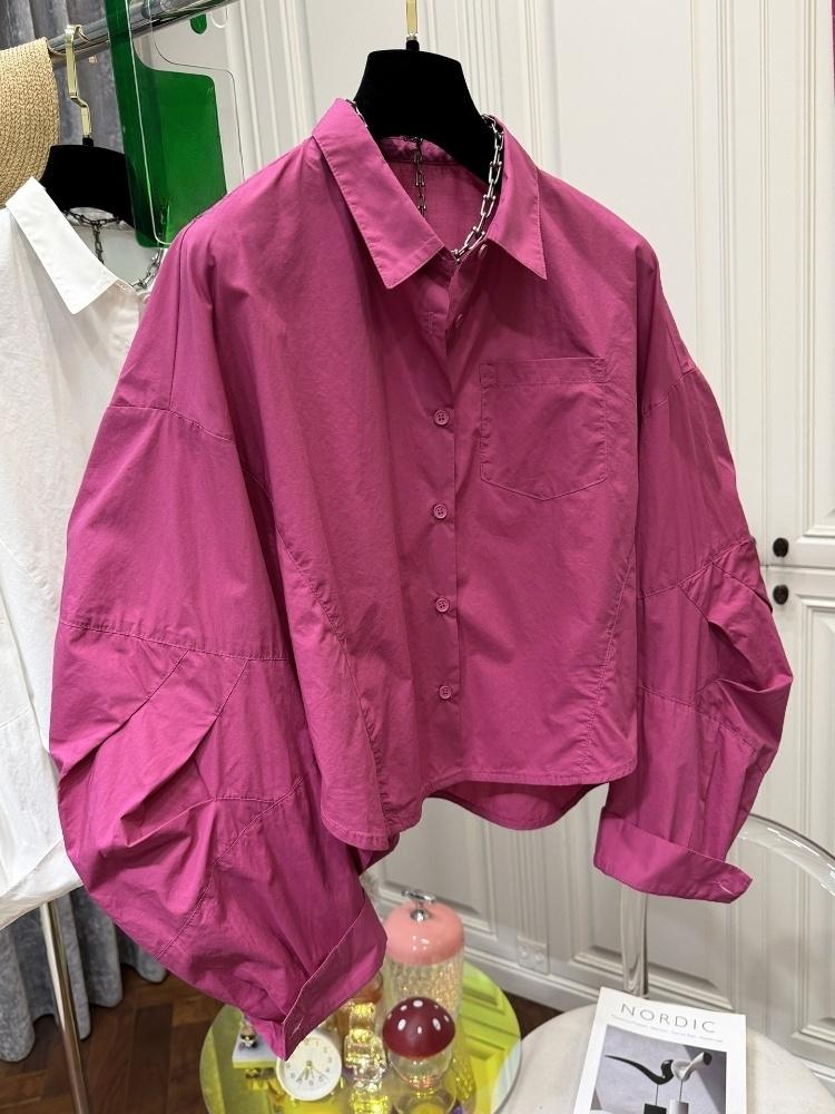Women Fashion Japan - シングルブレスト女性用シャツ、無地パフスリーブ、日本風サマールーズブラウス、プリーツ入りインス、ヴィンテージファッションブラウス