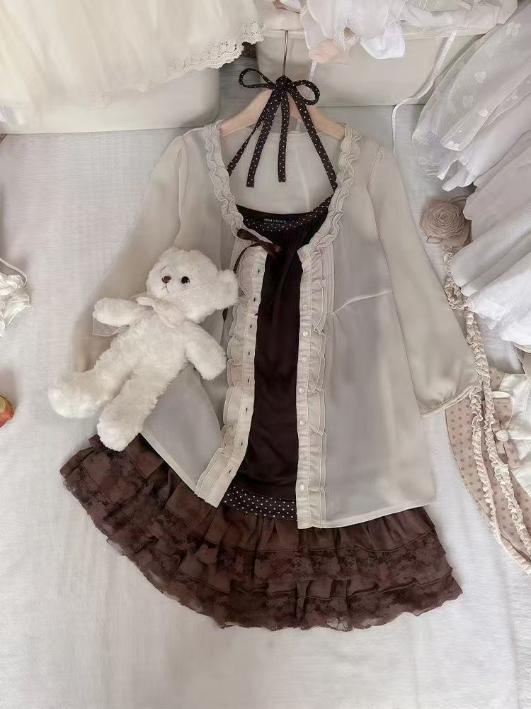 Ruched Dress Mini - ヴィンテージ和風セット レディース 水玉模様ネックストラップレースケーキドレス ボタンアップカーディガン スイートスリーピースセット 夏