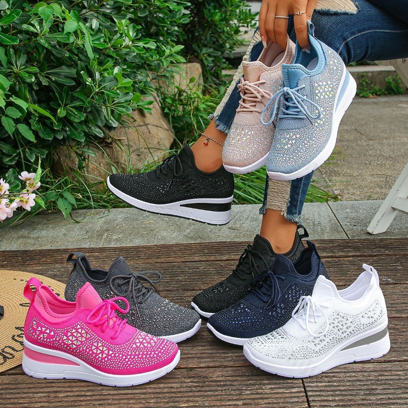 Women'S Fashion Tennis Shoes - 2026年レディーススニーカー メッシュ素材 通気性 シャイニーラインストーン ウェッジソール スポーツシューズ