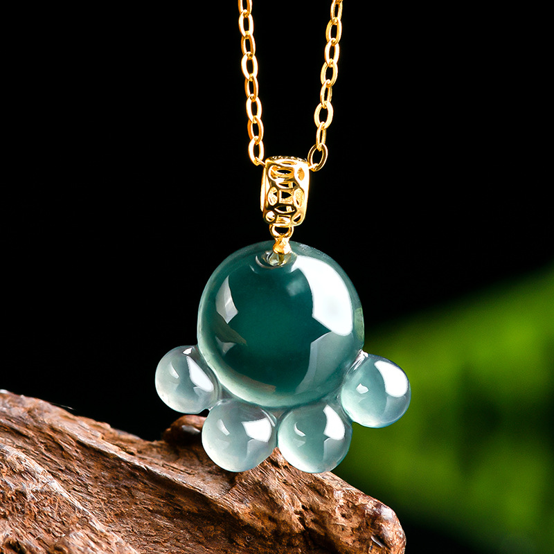 Women'S Fashion Gifts - 天然本物のエメラルドブルーウォータージェイド猫の足ペンダントネックレス彫刻翡翠ジュエリーファッションお守りギフト証明書女性