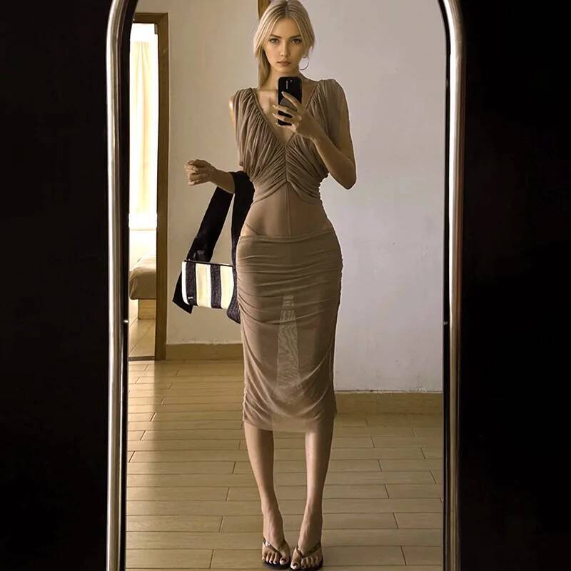Ruched Dress Mini - フレンチシフォンドレス レディース 夏 スリムフィット ウエストシェイプ ラッフルデザイン