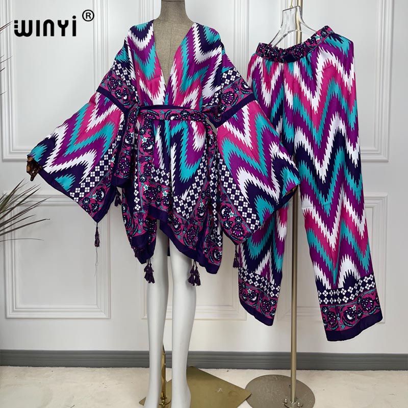 Women'S Fashion Kimono - Winyi-女性用のツーピース着物スーツ,ストレートレッグパンツ,ボヘミアンプリント,スタードレス,シルク,床に伸縮性,新しいファッション