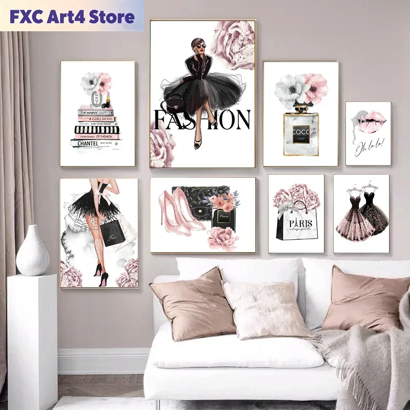 Fashion Women Picture - フレームレスファッション女性香水ポスタープリント写真ピンクフラワーセクシーリップメイクアップウォールアートキャンバス絵画北欧風ルーム用