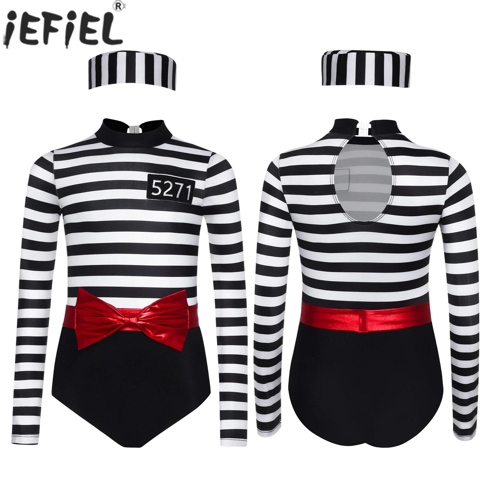 Turtleneck Bodysuit - 十代の女の子ハロウィン囚人コスプレボディスーツ長袖ストライプ刑務所ジャンプスーツベルト付き囚人キャップ刑事コスチューム