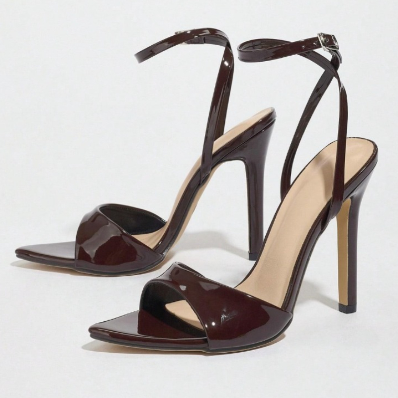 コーヒー色のパテントレザー、ヒール付きサンダル、レディースフ - Women'S Fashion Brand Shoes のレビューと価格