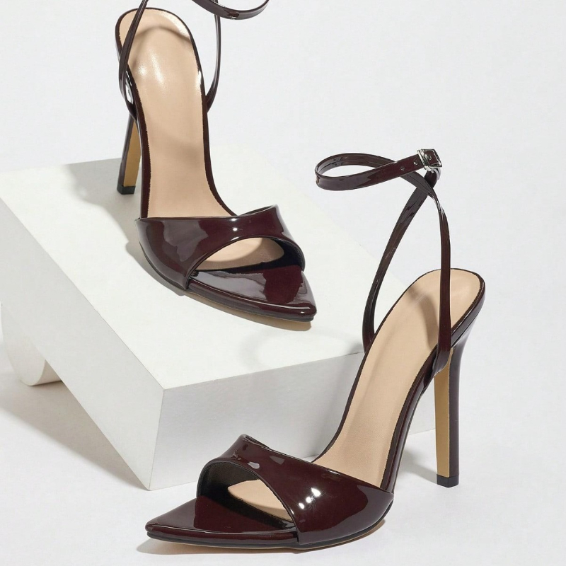 コーヒー色のパテントレザー、ヒール付きサンダル、レディースフ - Women'S Fashion Brand Shoes のレビューと価格