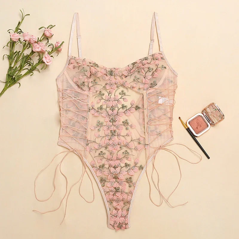 女性のセクシーなランジェリーボディスーツ花柄プリント刺繍透明 - Women Fashion Images のレビューと価格