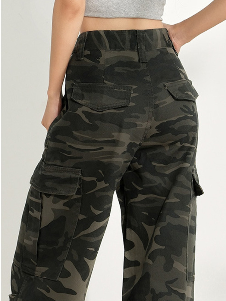 ファッション迷彩柄レディースジーンズワイドレッグハイウエスト - Women'S Fashion Utility Pants のレビューと価格