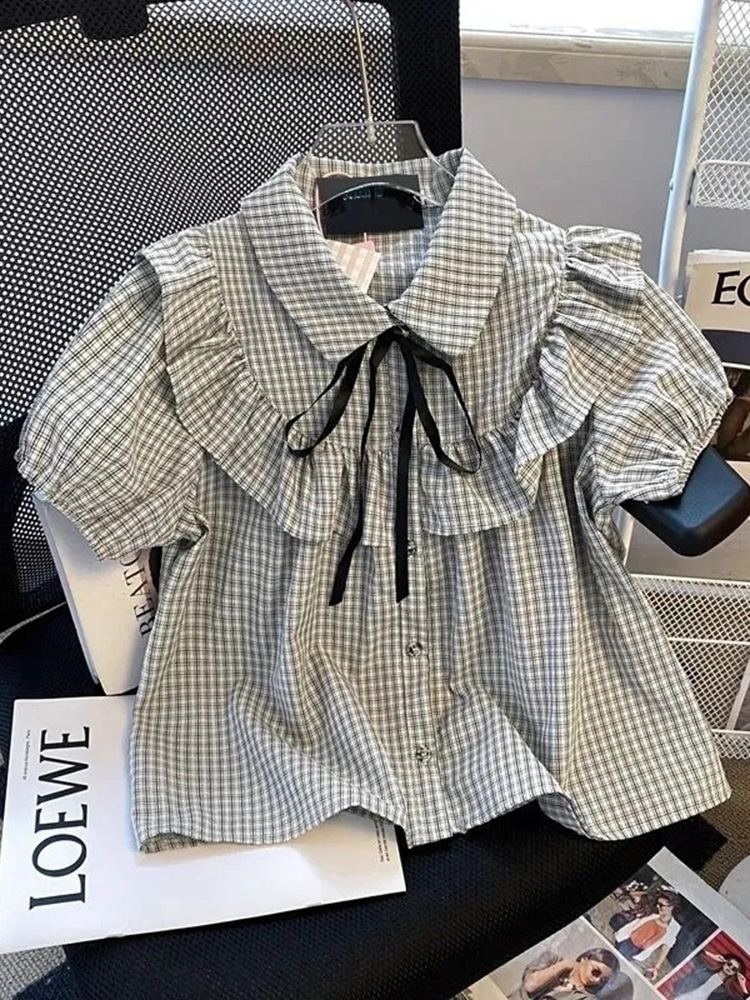 可愛いフリル付きチェック柄シャツ レディース スイートパフス - Women Fashion Japan のレビューと価格