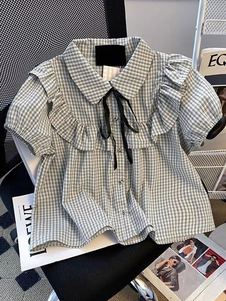 可愛いフリル付きチェック柄シャツ レディース スイートパフス - Women Fashion Japan のレビューと価格