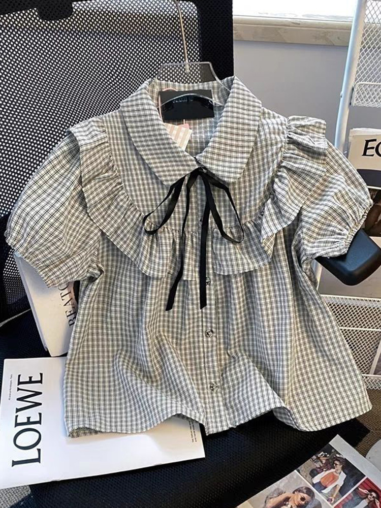 可愛いフリル付きチェック柄シャツ レディース スイートパフス - Women Fashion Japan のレビューと価格