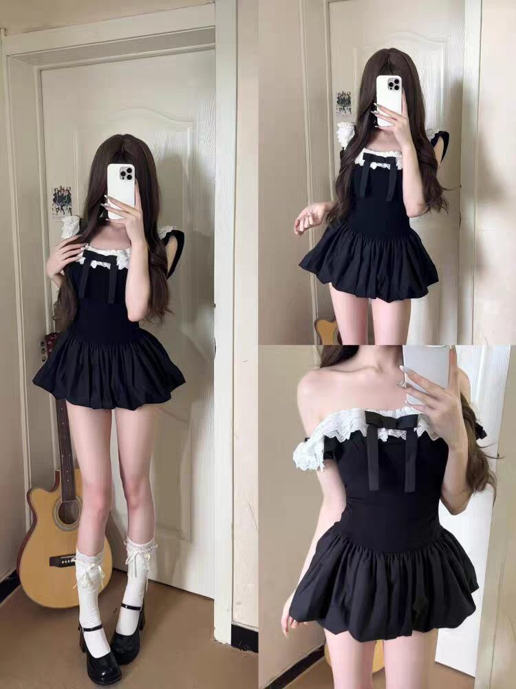 コケットな韓国風セクシーオフショルダーレーストリムボウスリム - Ruched Dress Mini のレビューと価格