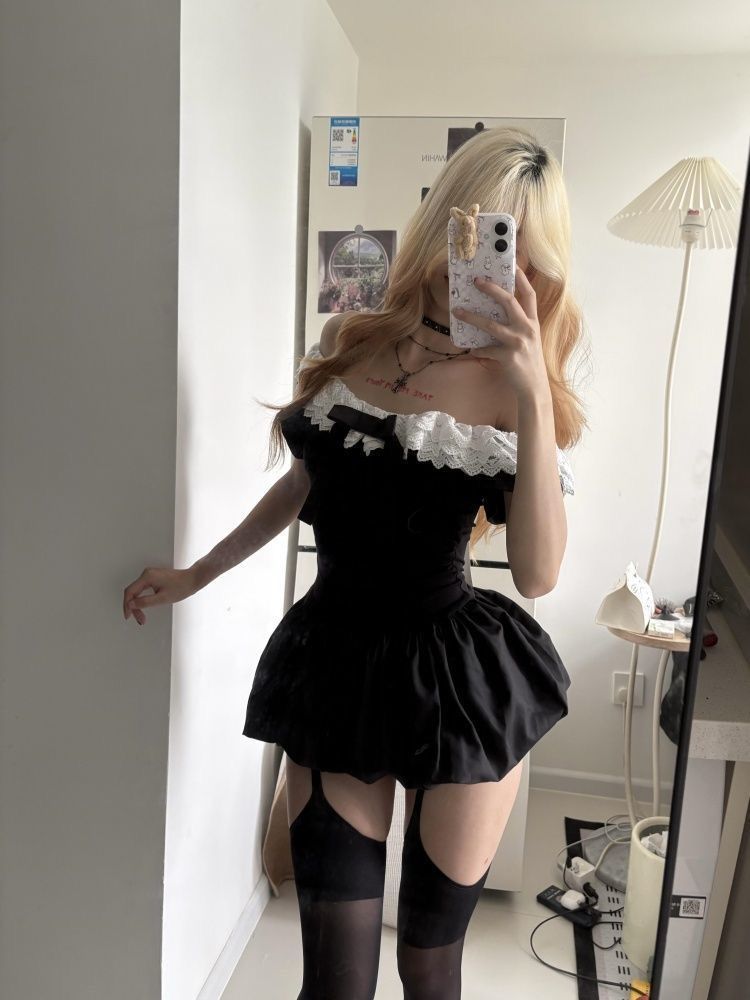 コケットな韓国風セクシーオフショルダーレーストリムボウスリム - Ruched Dress Mini のレビューと価格