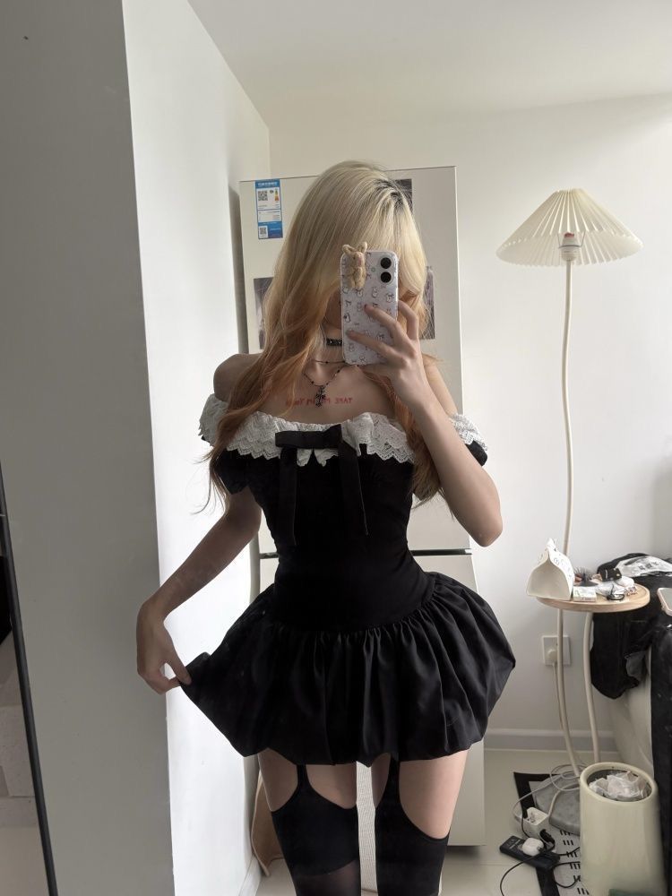 コケットな韓国風セクシーオフショルダーレーストリムボウスリム - Ruched Dress Mini のレビューと価格