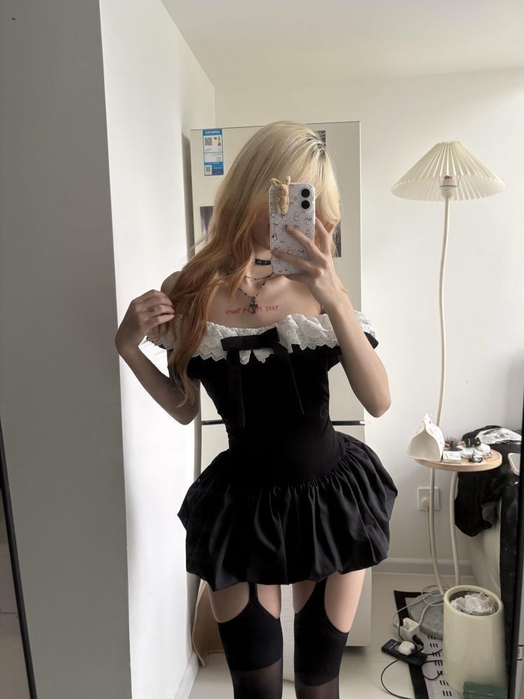 コケットな韓国風セクシーオフショルダーレーストリムボウスリム - Ruched Dress Mini のレビューと価格