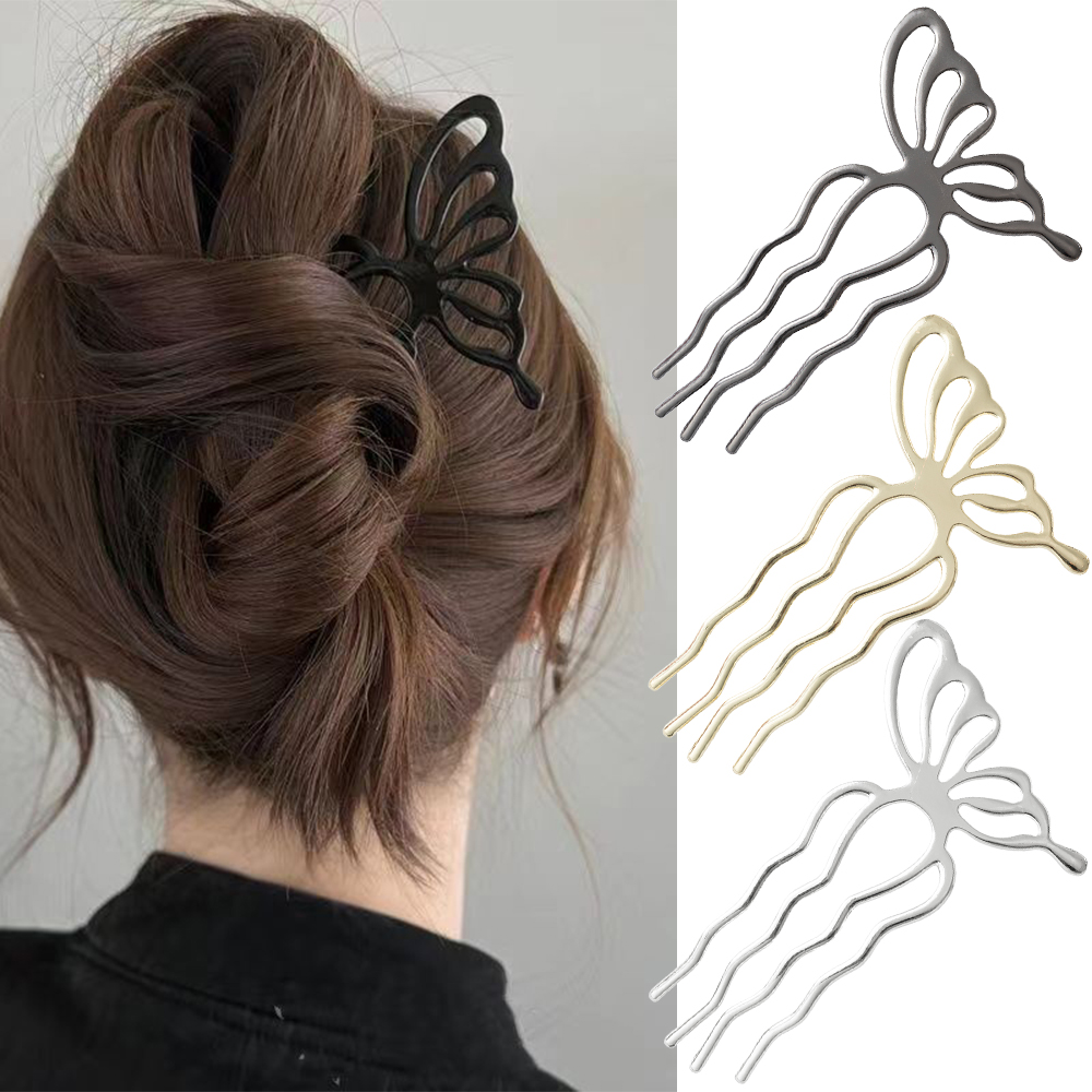 韓国蝶 U 字型ヘアスティックおだんごヘアコームクリップ金属 - Women Fashion Hub のレビューと価格