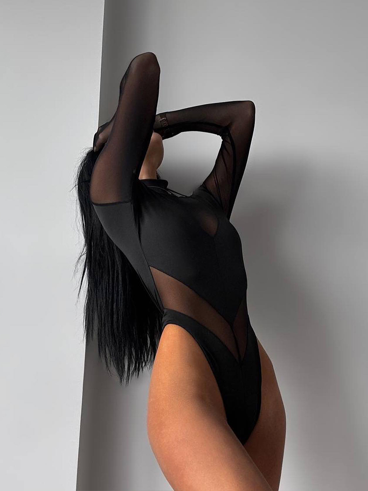 女性用タートルネックボディスーツ,メッシュパッチワーク,透明 - Turtleneck Bodysuit のレビューと価格