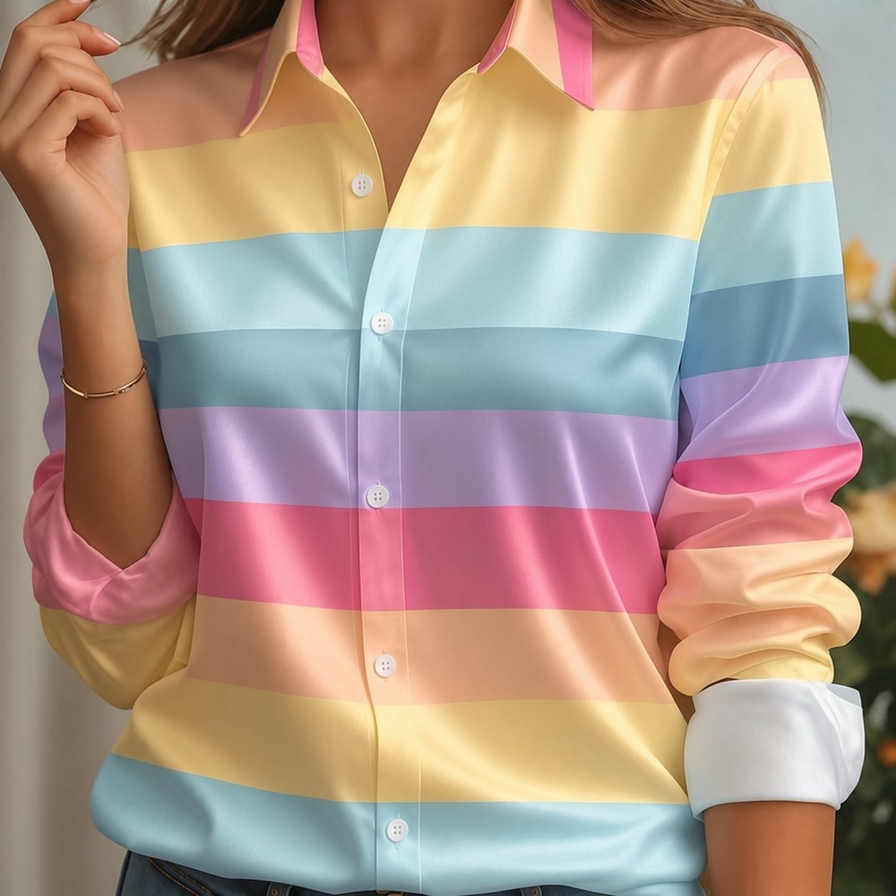 女性用サテンラペルカラーシャツ、パステルストライププリント、 - Women Fashion Images のレビューと価格